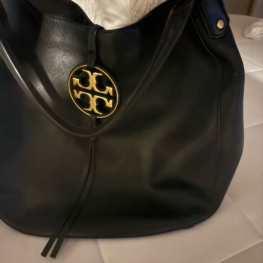 Tory Burch Black Leather Shoulder Bag with Gold Accent
